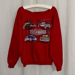 Upcycled L-XL Rare Red American Classic Vintage Cars Print Pullover Sweatshirt